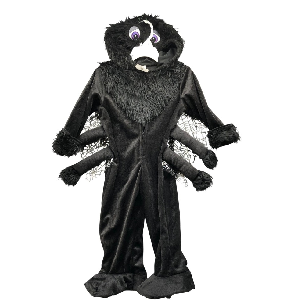 Baby Kids 6-12M Spider Jumpsuit Halloween Costume Black Plush Webbing‎ Hooded